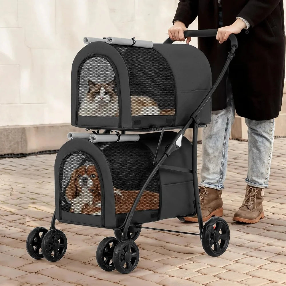 Double Dog Stroller With 2 Detachable Carrier Bags 4 Wheel Folding Travel Cart