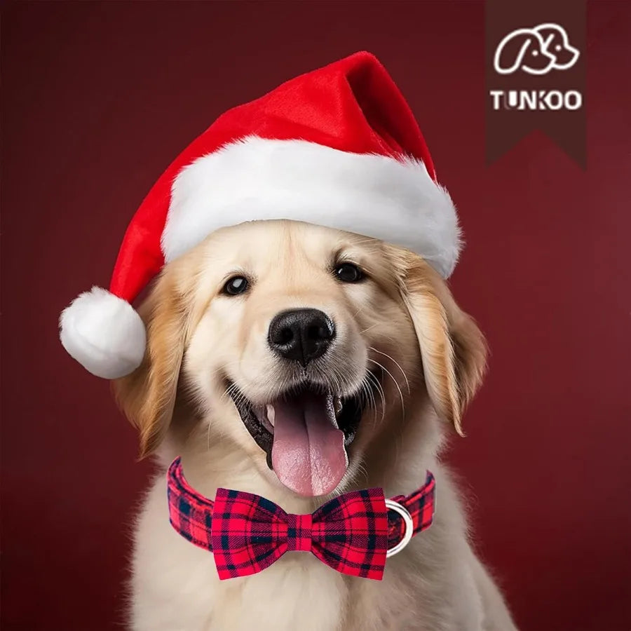 Christmas Dog Collar With Bow Tie Red Plaid Cotton Adjustable S M L