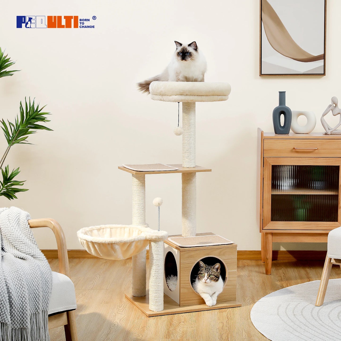 Modern Wood Cat Tree Tower For Indoor Cats With Condo Hammock Scratching Posts