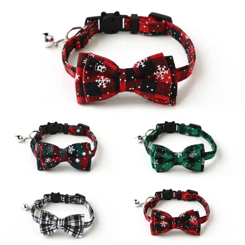 Christmas Bowknot Plaid Bell Collar for Cats and Small Dogs Adjustable Breakaway
