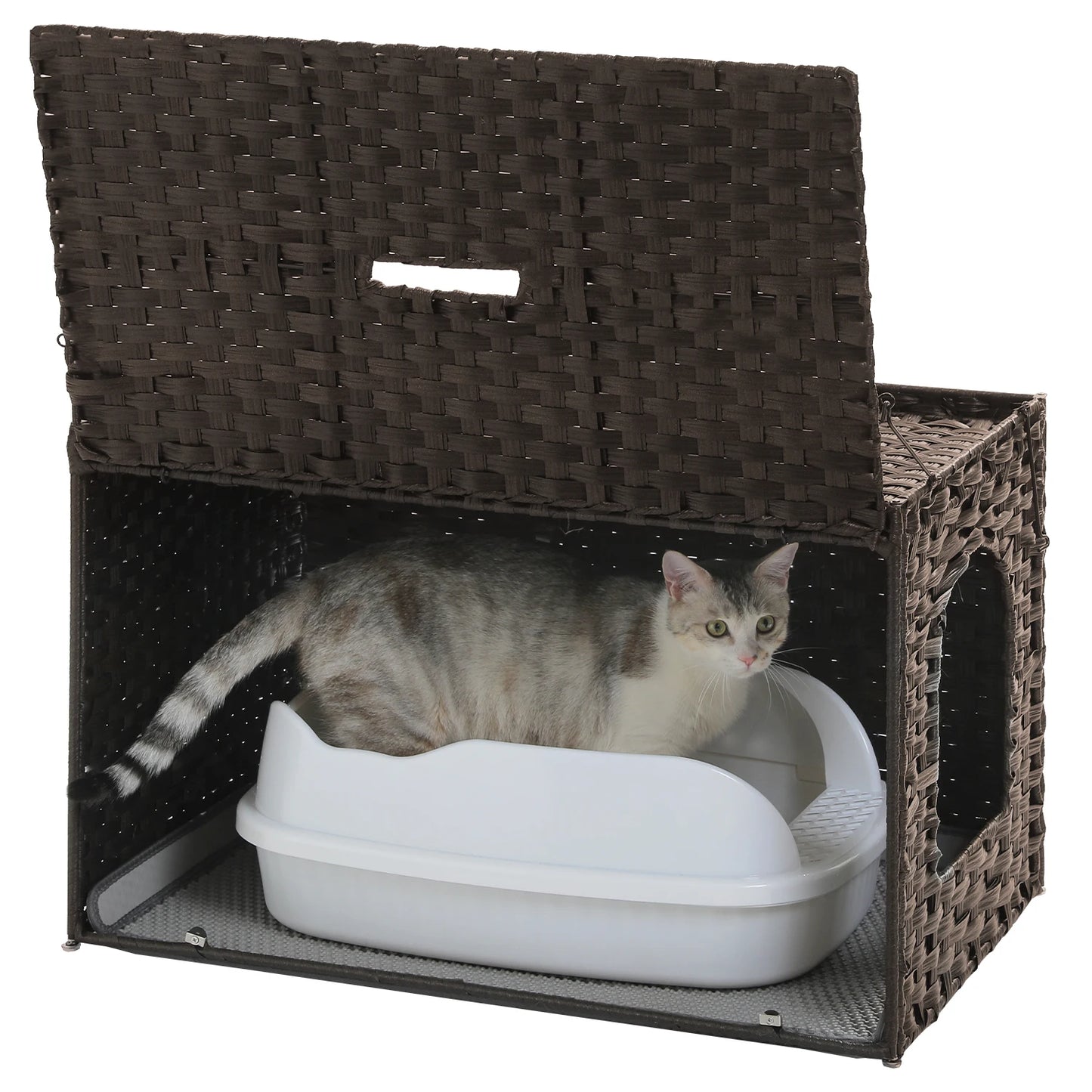 Rattan Cat Litter Box Enclosure With Taller Doorway And Flip Up Design