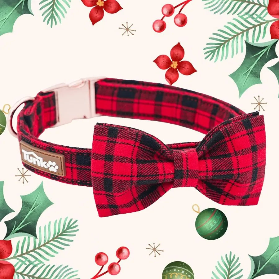 Christmas Dog Collar With Bow Tie Red Plaid Cotton Adjustable S M L