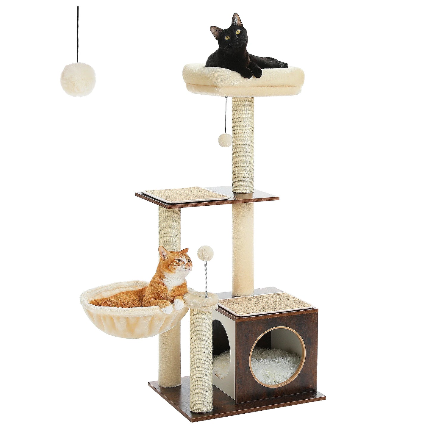 Modern Wood Cat Tree Tower For Indoor Cats With Condo Hammock Scratching Posts