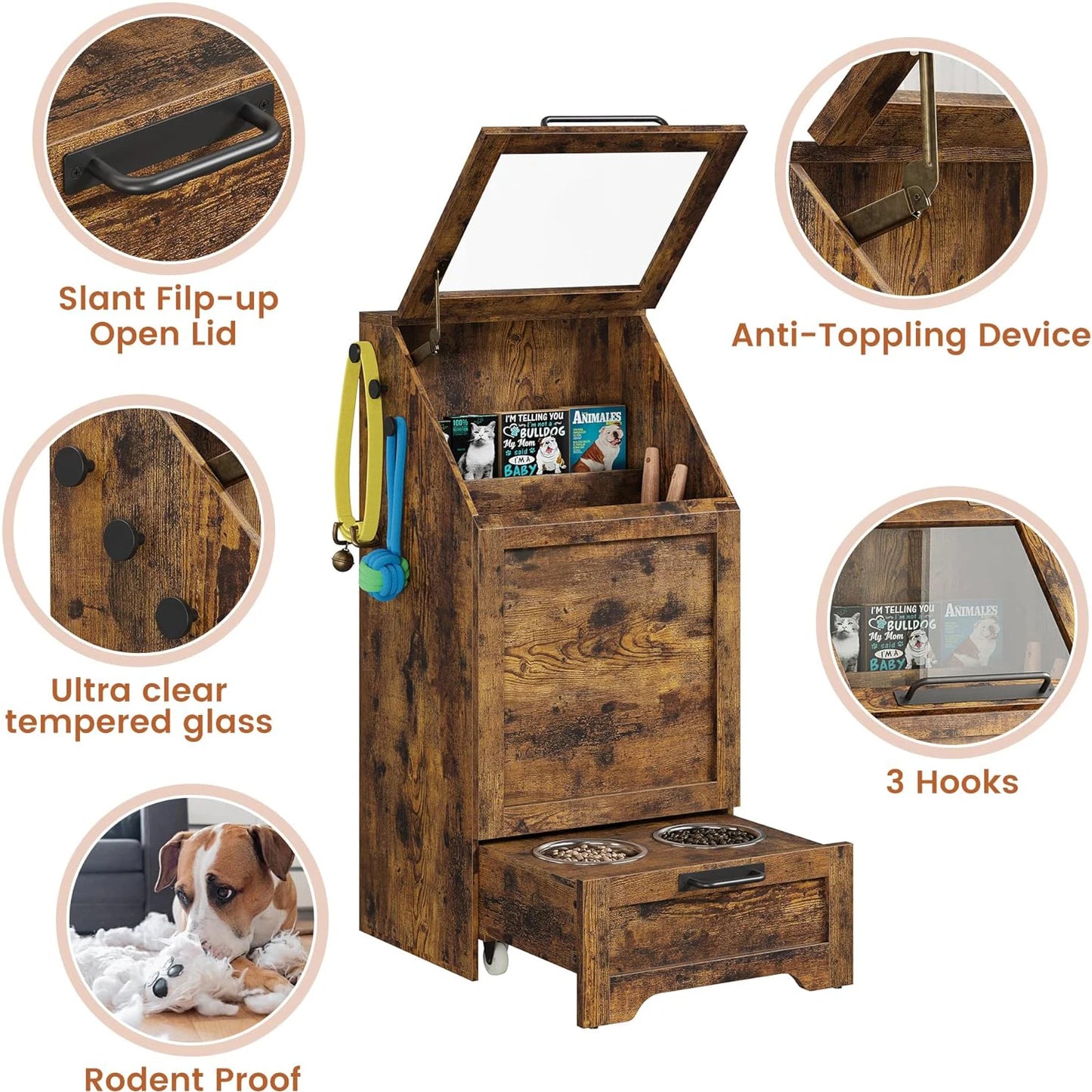 Elevated Dog Feeding Station With Dual Bowls Flip Top Cabinet And Toy Organizer