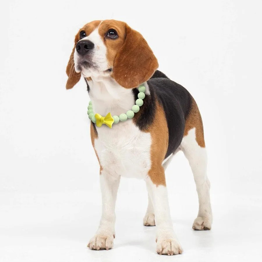 Glow In The Dark Beaded Dog Collar With Bow Tie Adjustable Nighttime Necklace