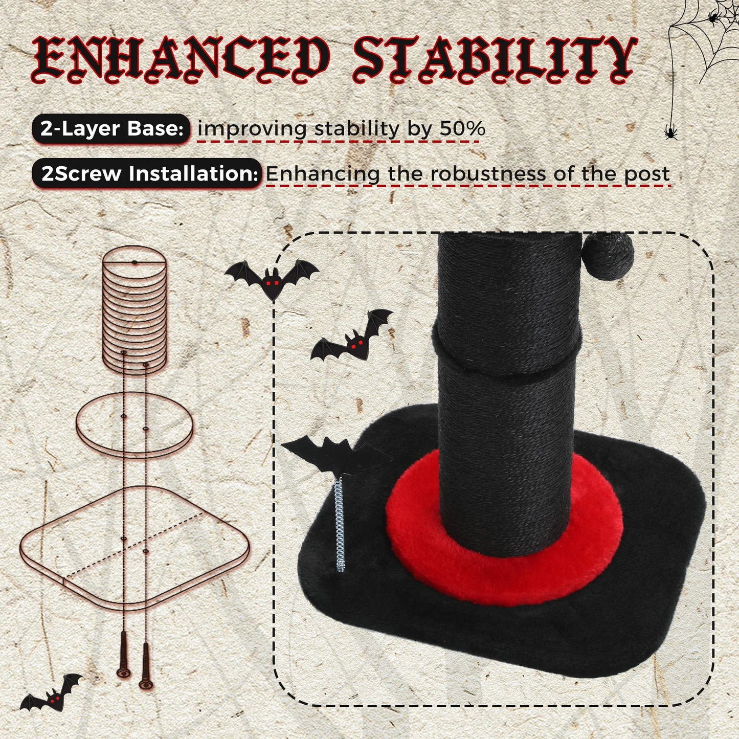 Stable Black Gothic Cat Scratching Post With Thick Post And Spiderweb Bed