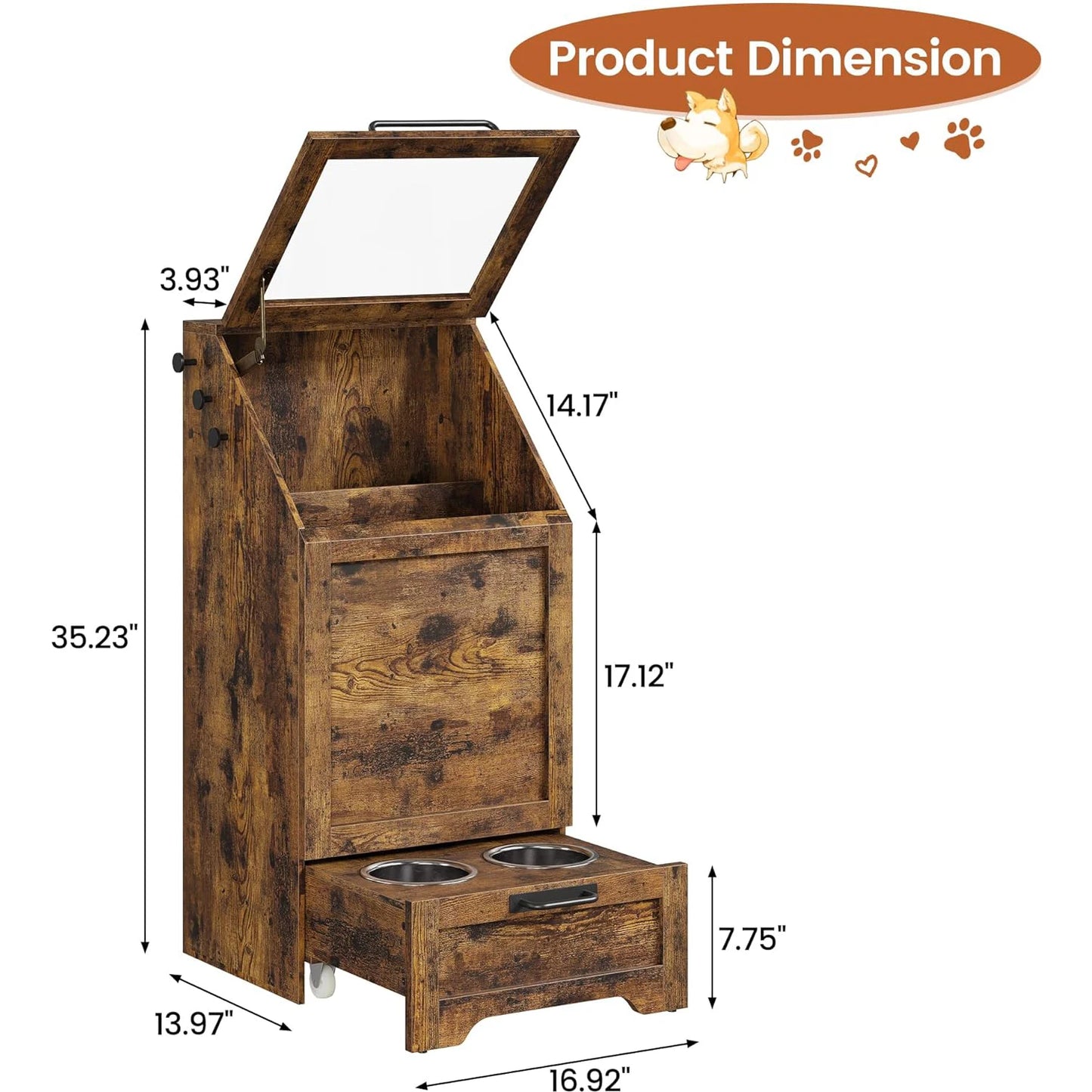 Elevated Dog Feeding Station With Dual Bowls Flip Top Cabinet And Toy Organizer