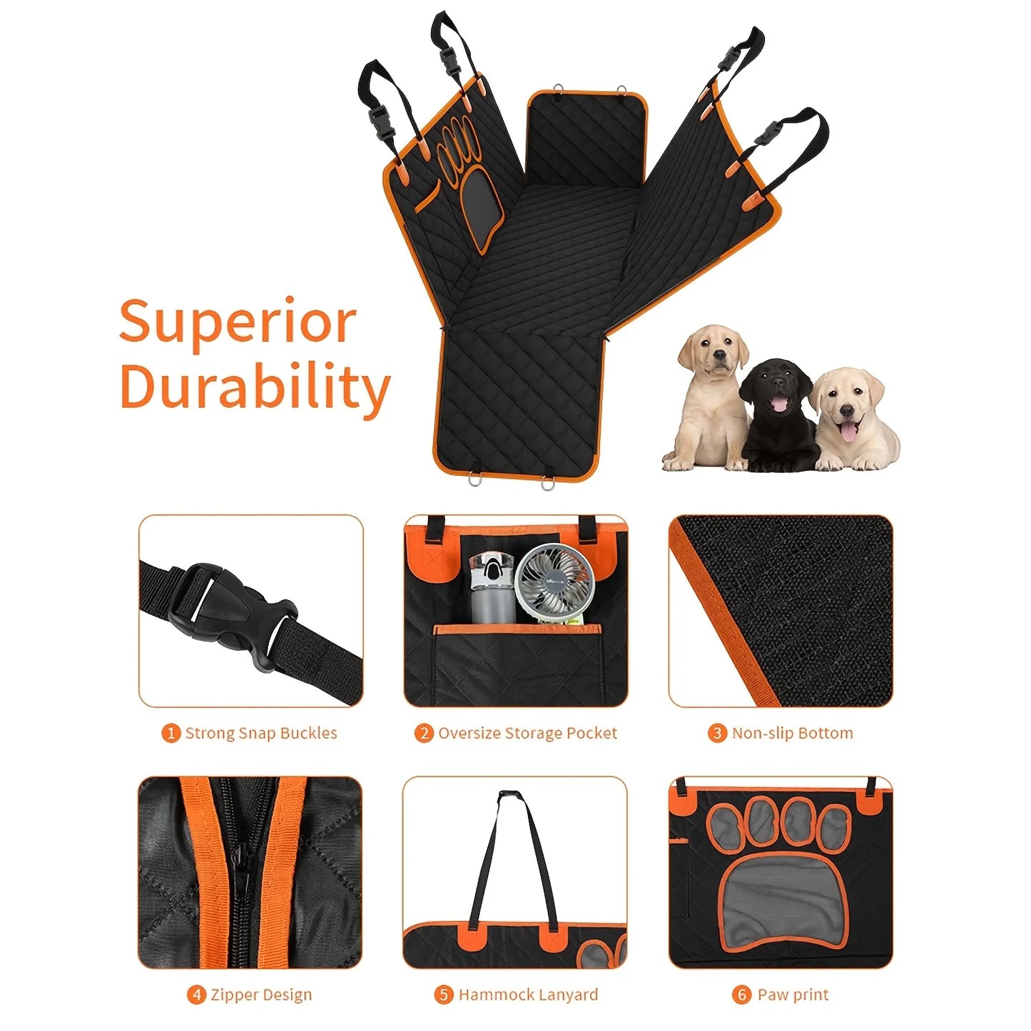 Heavy Duty Dog Car Seat Cover Hammock With Side Flaps Anti Slip Waterproof Nylon