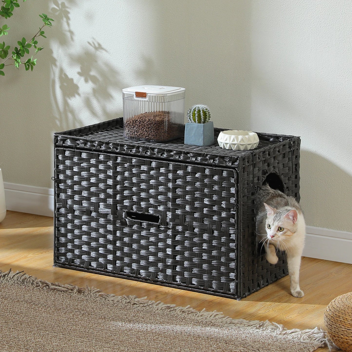 Rattan Cat Litter Box Enclosure With Taller Doorway And Flip Up Design