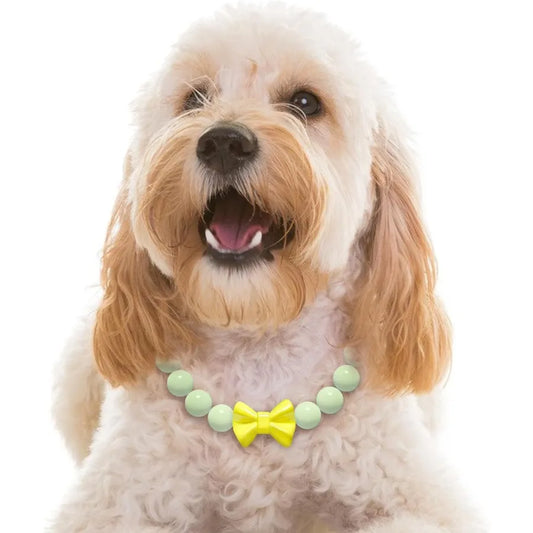 Glow In The Dark Beaded Dog Collar With Bow Tie Adjustable Nighttime Necklace