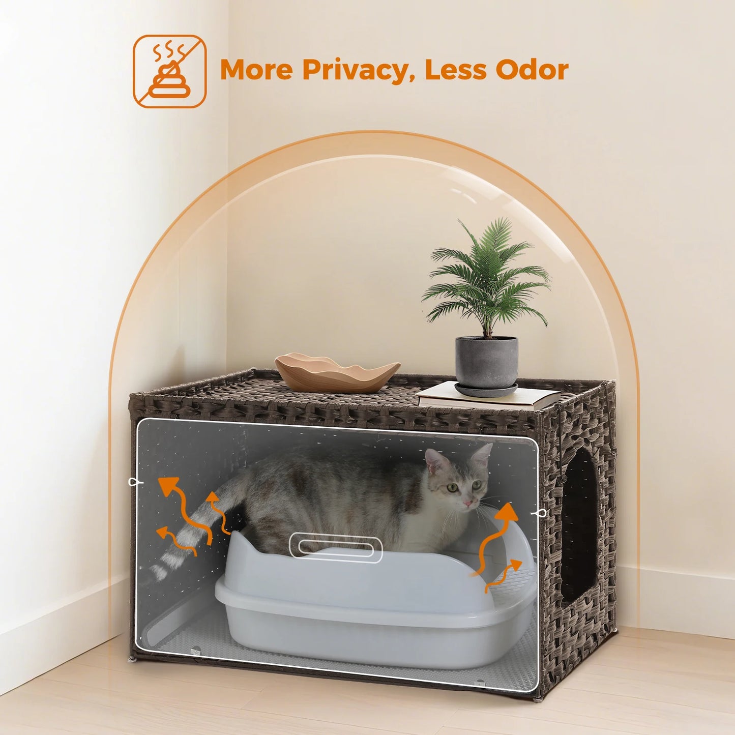 Rattan Cat Litter Box Enclosure With Taller Doorway And Flip Up Design