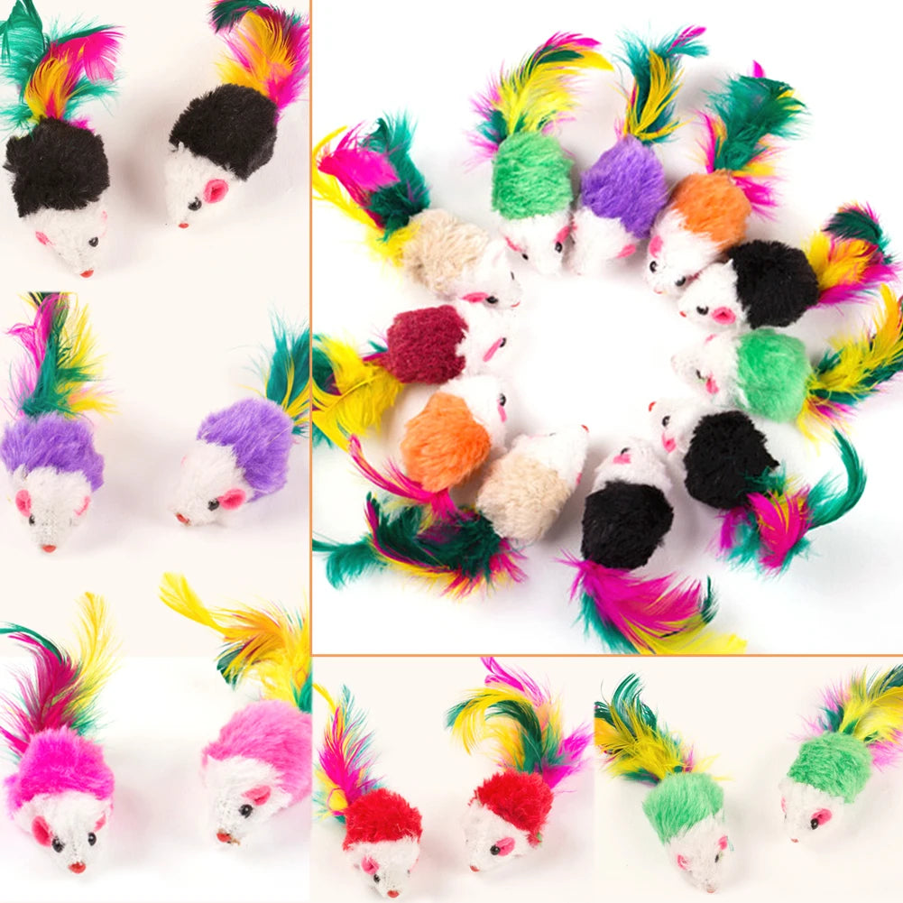 Plush Cat Toys Set 10 Pcs Feather Mice Rattle For Indoor Cats And Kittens
