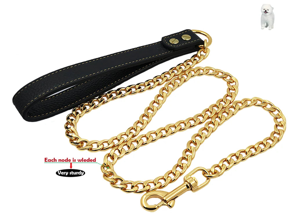 Gold Stainless Steel Weld Chain Dog Leash Heavy Duty For Small Medium Large Dogs