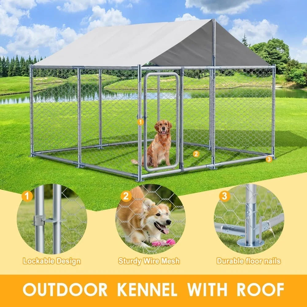 7.5 Ft Large Outdoor Dog Kennel With Roof Heavy Duty Galvanized Chain Link Run