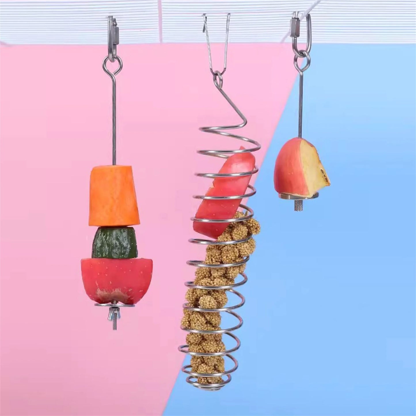 Stainless Steel Bird Feeder Hanging Parrot Fruit Treat Skewer Foraging Toy