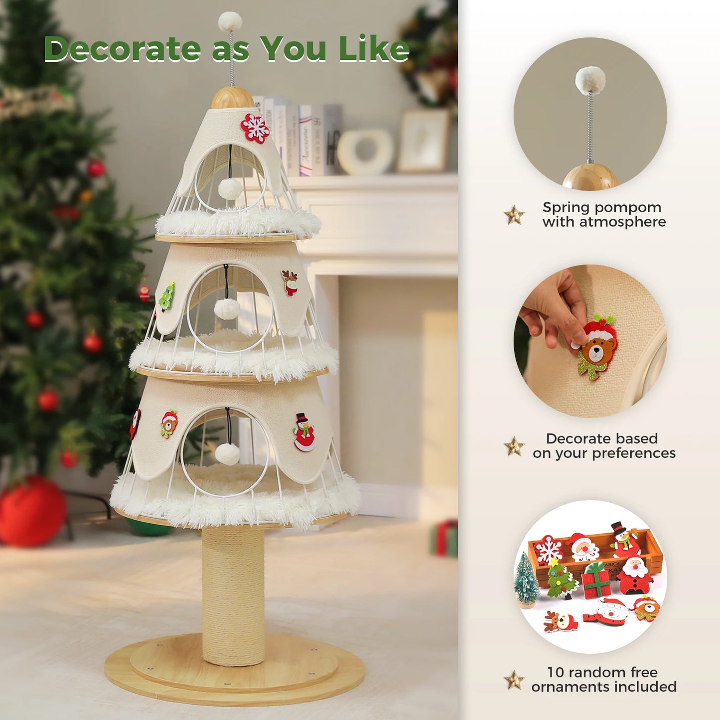 PAWZ Road Christmas Multi Level Cat Tree Tower With 3 Cozy Condos And Pompoms