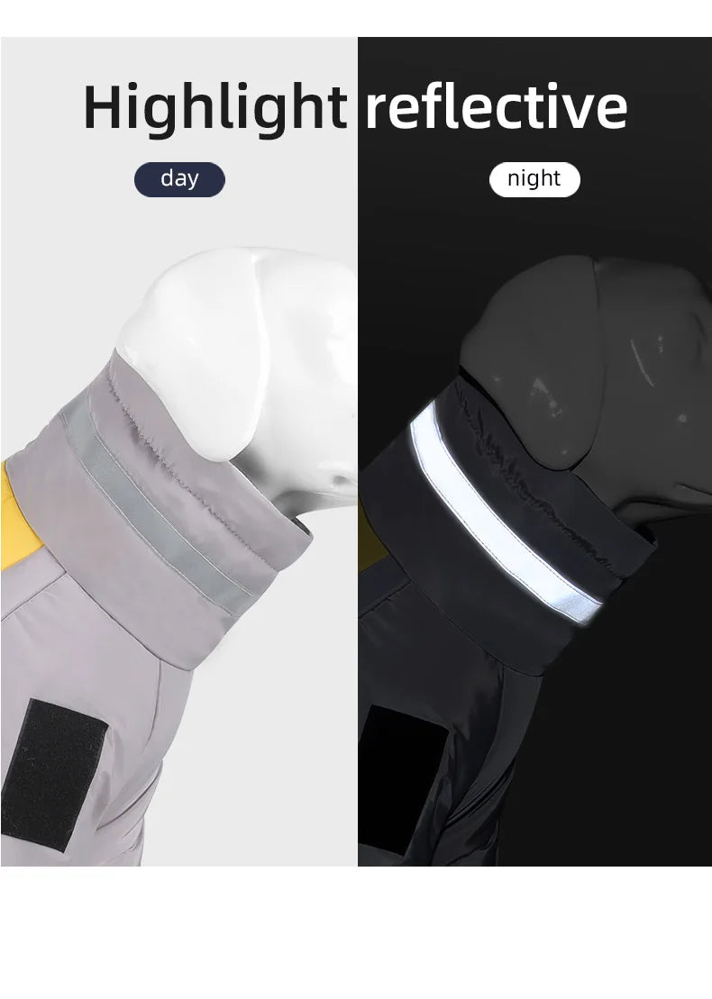 Warm Reflective Puffer Dog Coat For Large Dogs With Built In Harness Vest