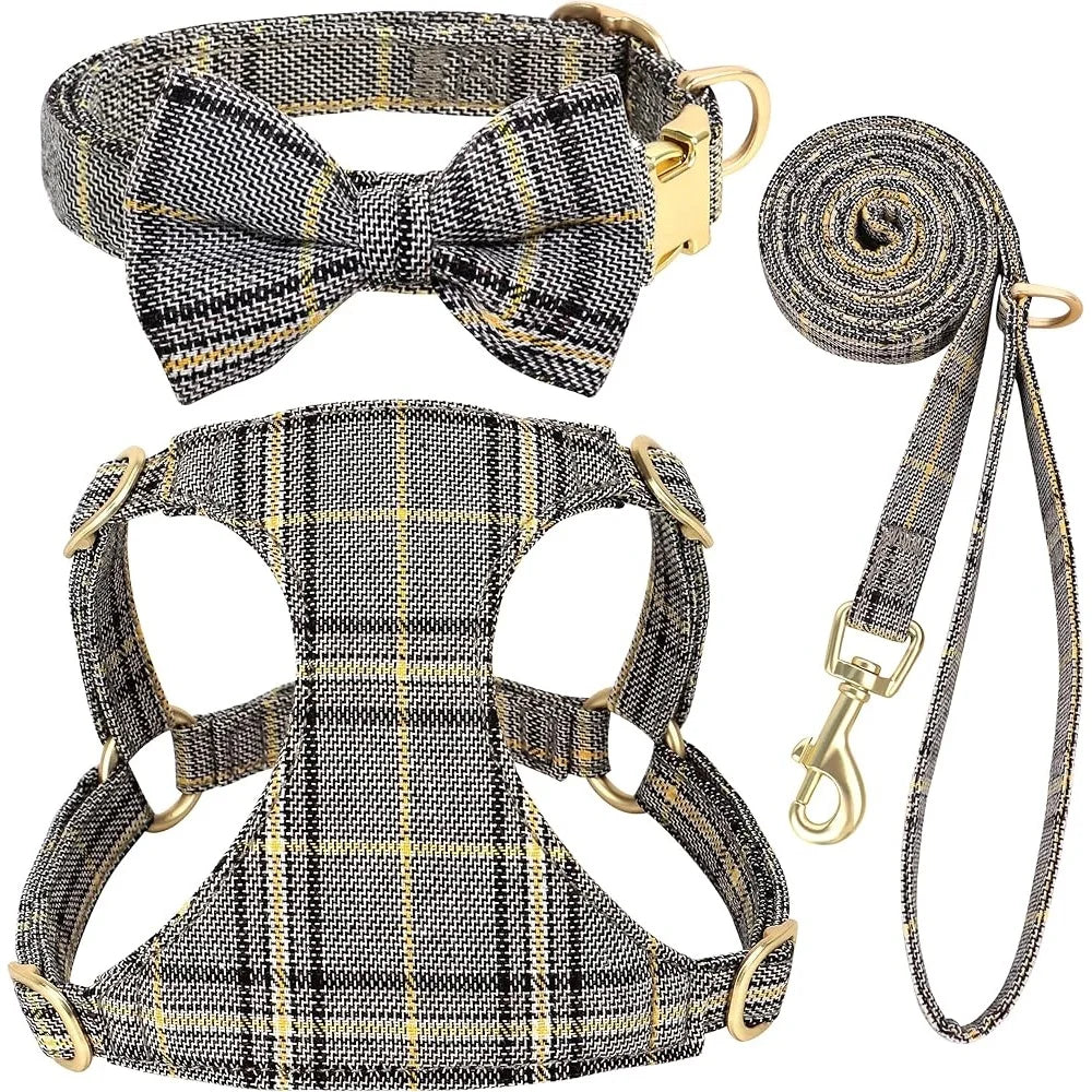 Adjustable Dog Harness Leash Set For Small Dogs And Cats Plaid Design