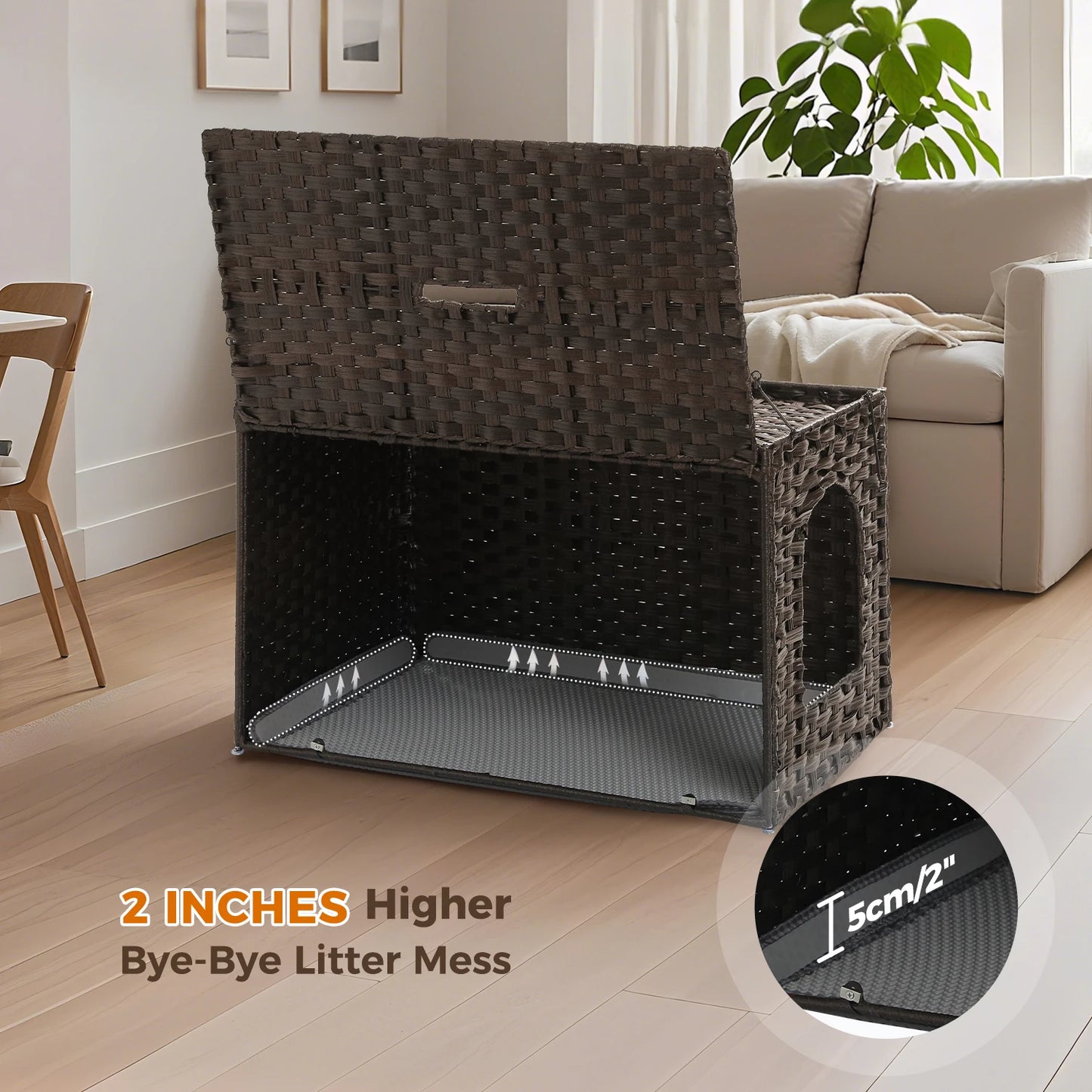 Rattan Cat Litter Box Enclosure With Taller Doorway And Flip Up Design