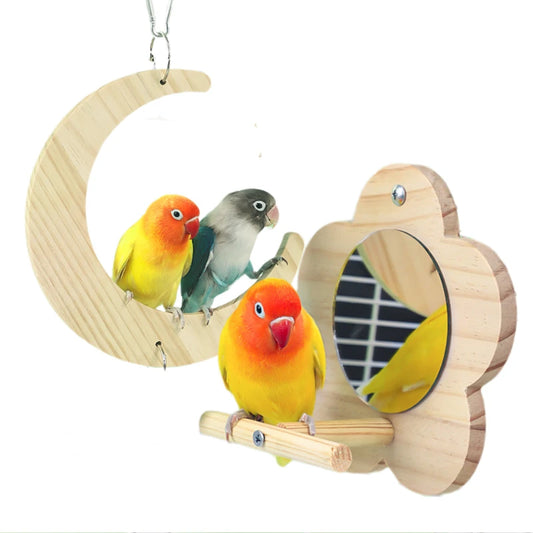 Bird Mirror Wooden Interactive Play Toy With Perch For Small Parrots And Budgies