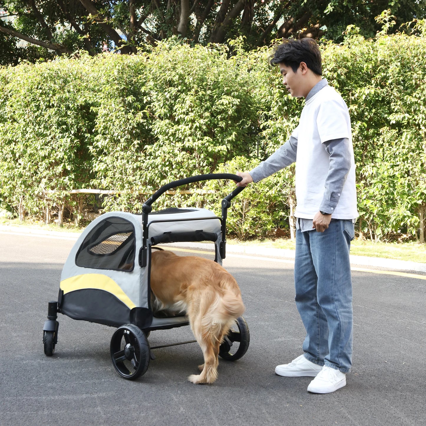 Large Dog Stroller 4 Wheel Carrier Foldable For Two Dogs Up To 121 Lbs