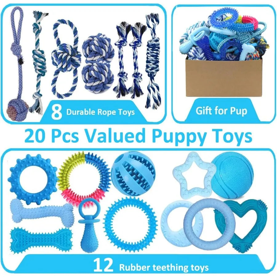 20 Pack Puppy Chew Toys For Small Breeds Blue Teething Rings And Ropes Bundle