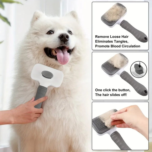 Ergonomic Self Cleaning Pet Brush With Round Tip Needles For Dogs And Cats 20cm