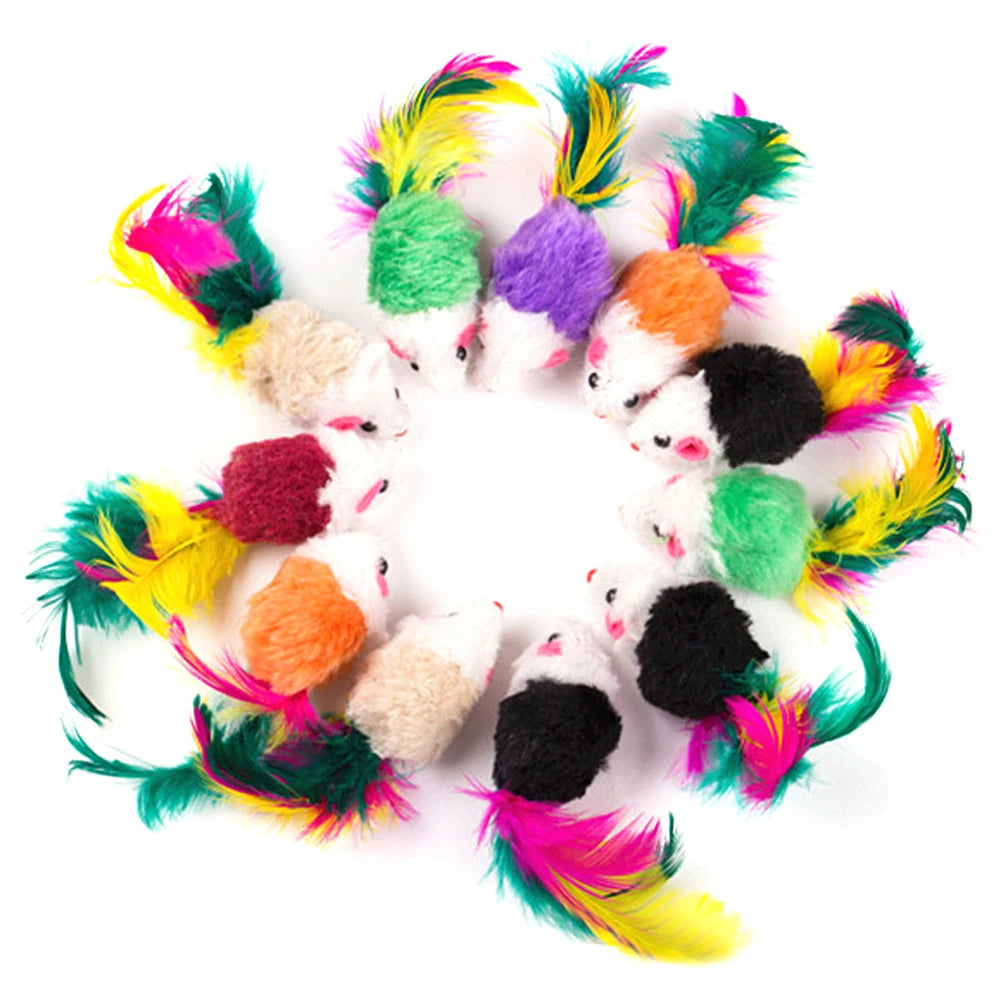 Plush Cat Toys Set 10 Pcs Feather Mice Rattle For Indoor Cats And Kittens