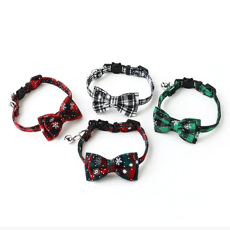 Christmas Bowknot Plaid Bell Collar for Cats and Small Dogs Adjustable Breakaway