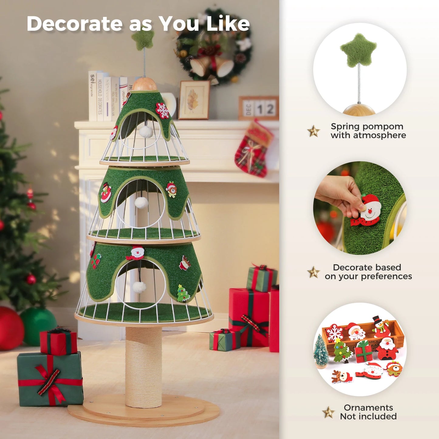 PAWZ Road Christmas Multi Level Cat Tree Tower With 3 Cozy Condos And Pompoms