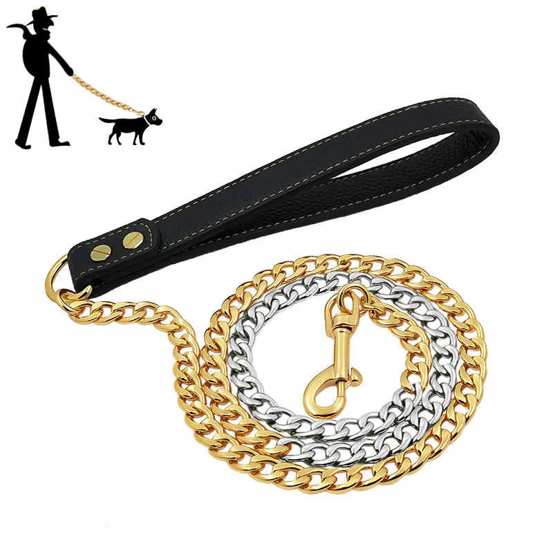 Gold Stainless Steel Weld Chain Dog Leash Heavy Duty For Small Medium Large Dogs