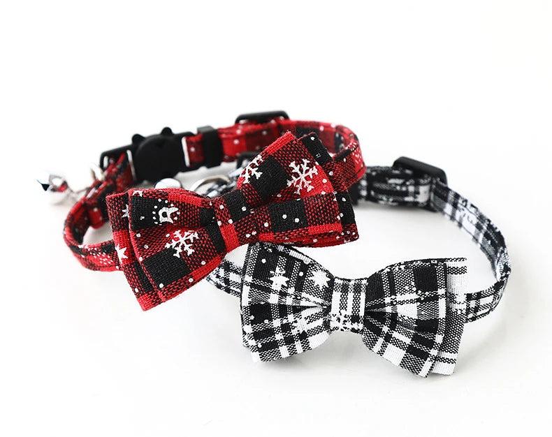 Christmas Bowknot Plaid Bell Collar for Cats and Small Dogs Adjustable Breakaway