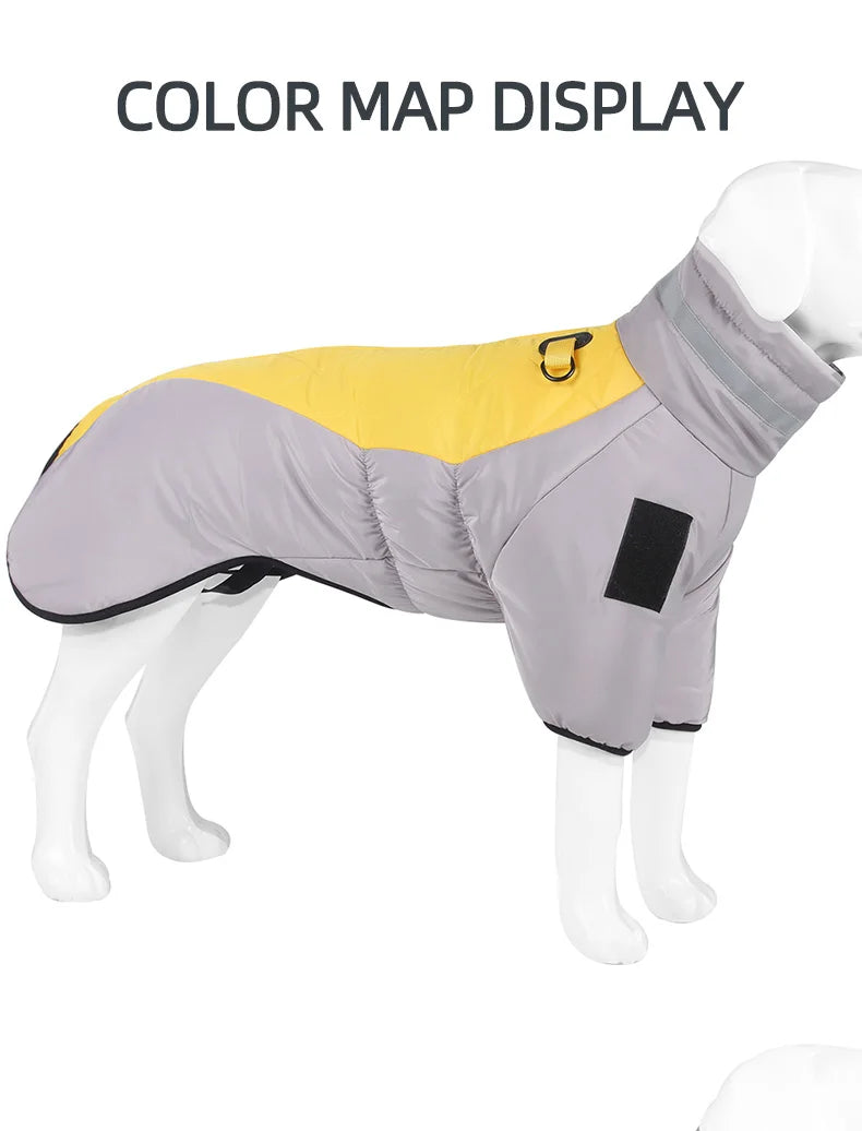 Warm Reflective Puffer Dog Coat For Large Dogs With Built In Harness Vest