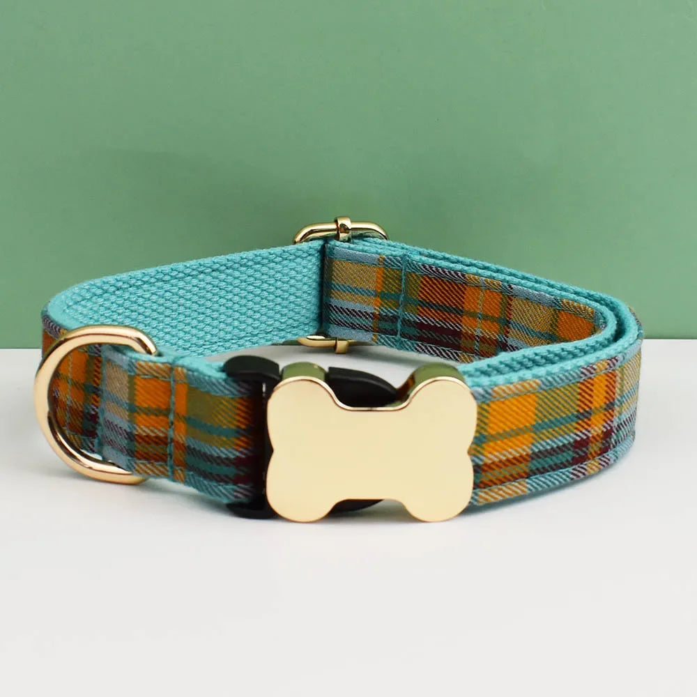 Custom Logo Plaid Dog Collar Personalized Cotton Padded Comfort