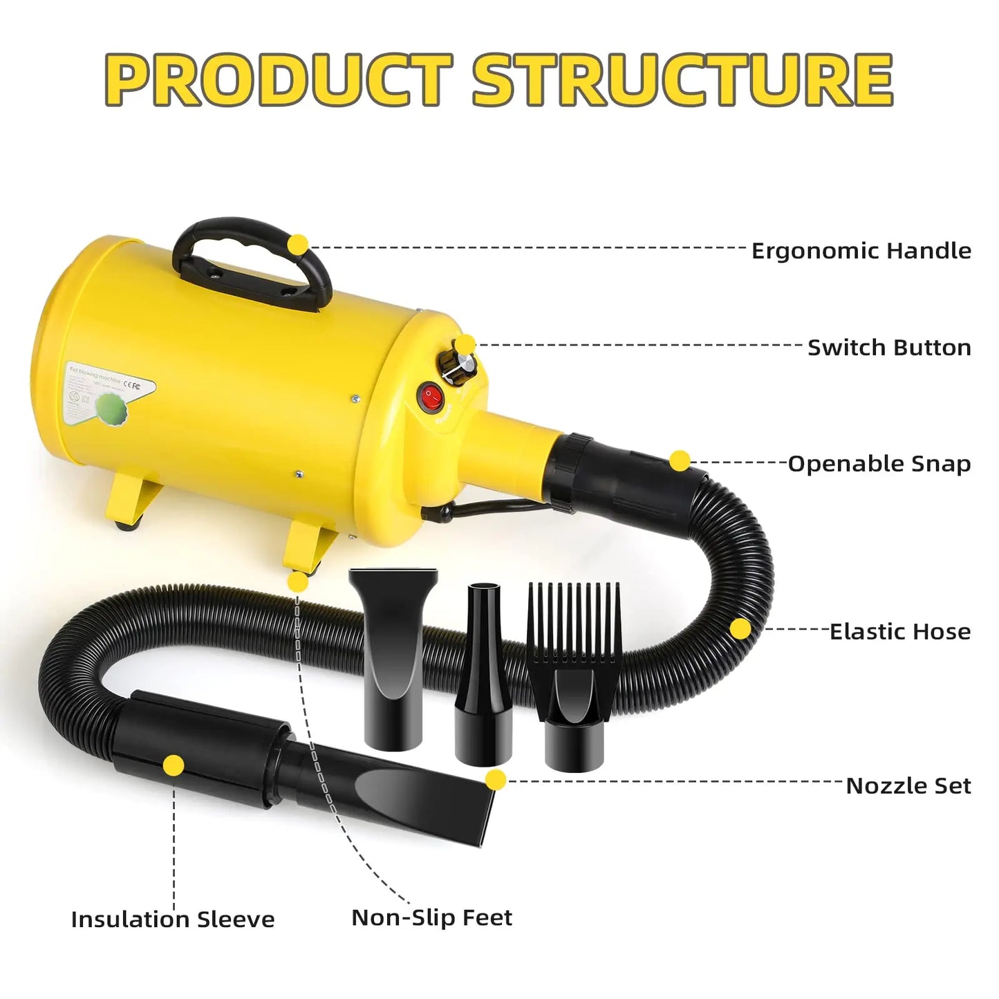 Dog Hair Dryer For Large Dogs Pet Grooming Blower With Heat And Adjustable Speed