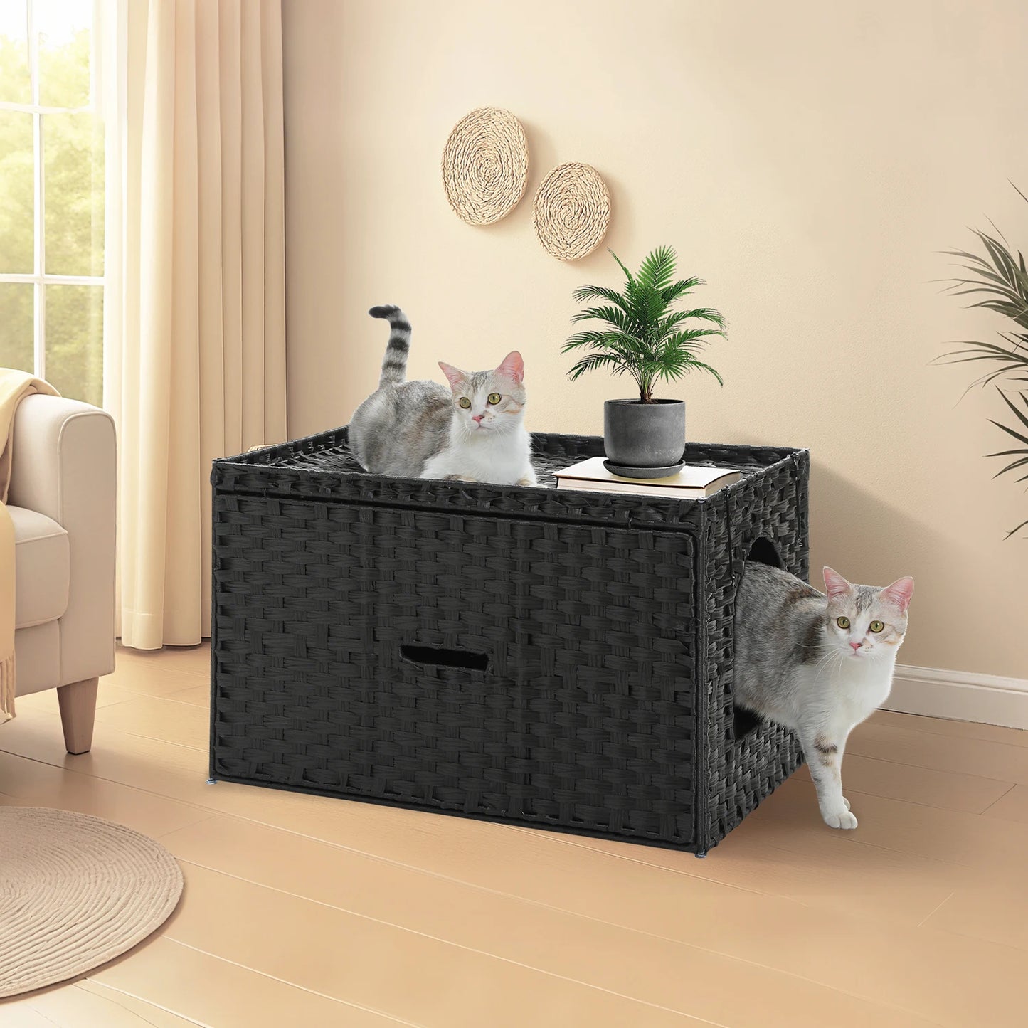 Rattan Cat Litter Box Enclosure With Taller Doorway And Flip Up Design