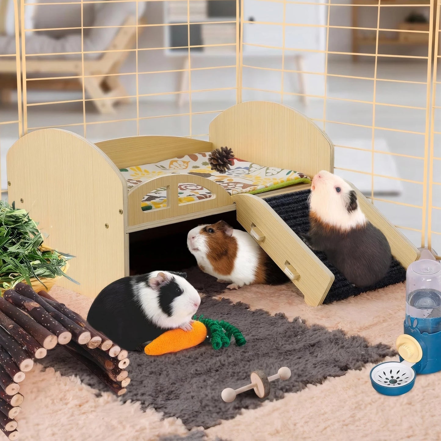 Wooden Multi Level Hideout Platform For Small Pets Guinea Pigs Hamsters Rabbits