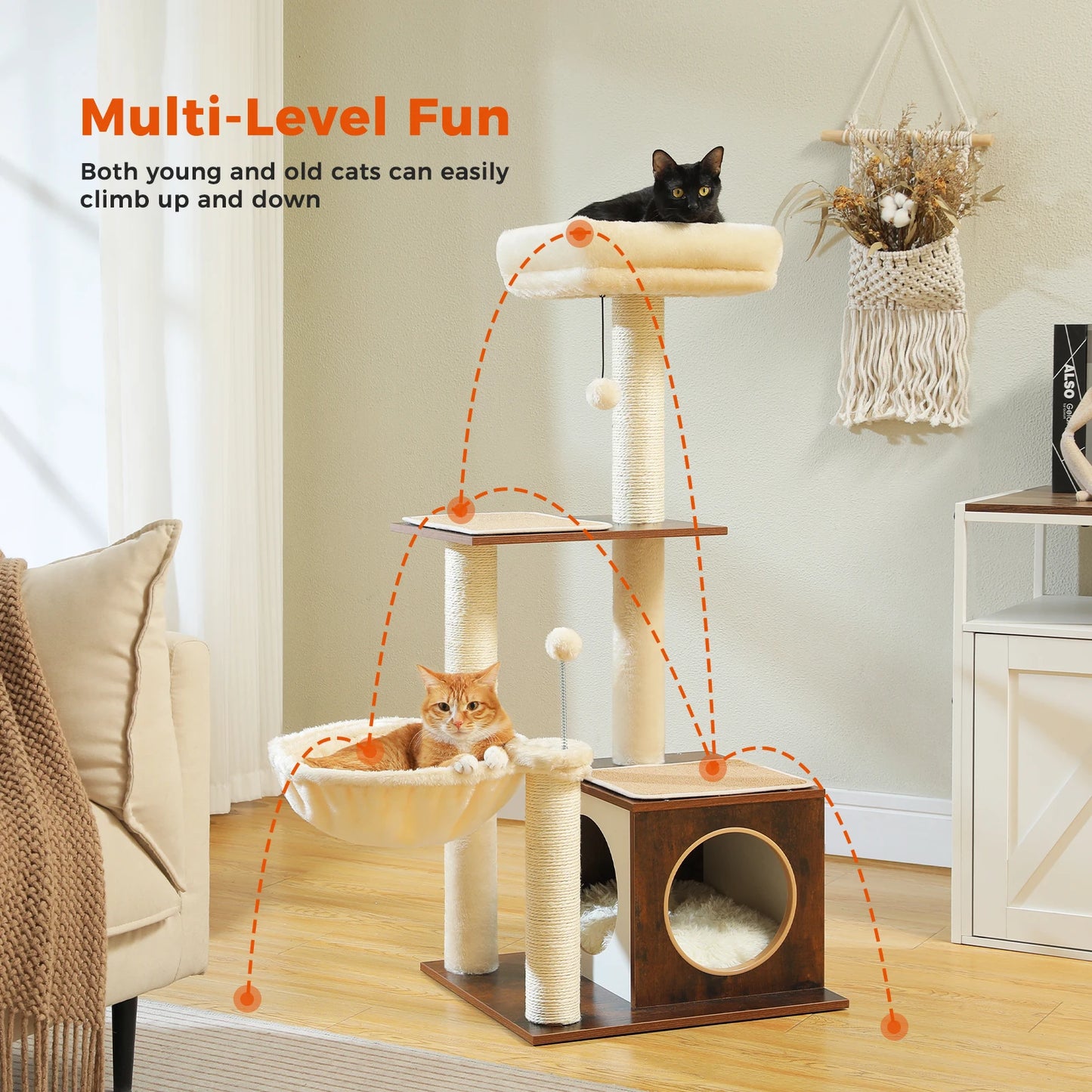 Modern Wood Cat Tree Tower For Indoor Cats With Condo Hammock Scratching Posts