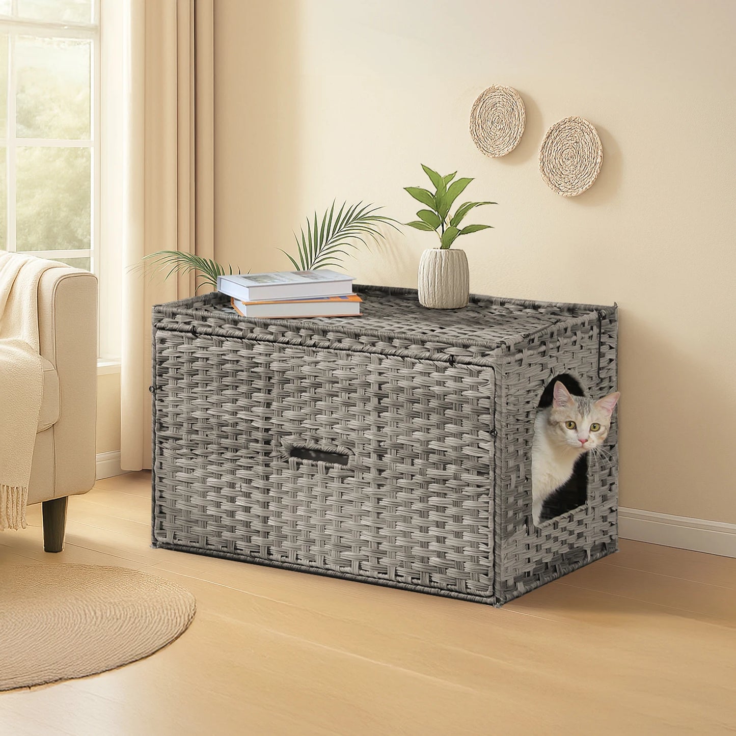Rattan Cat Litter Box Enclosure With Taller Doorway And Flip Up Design