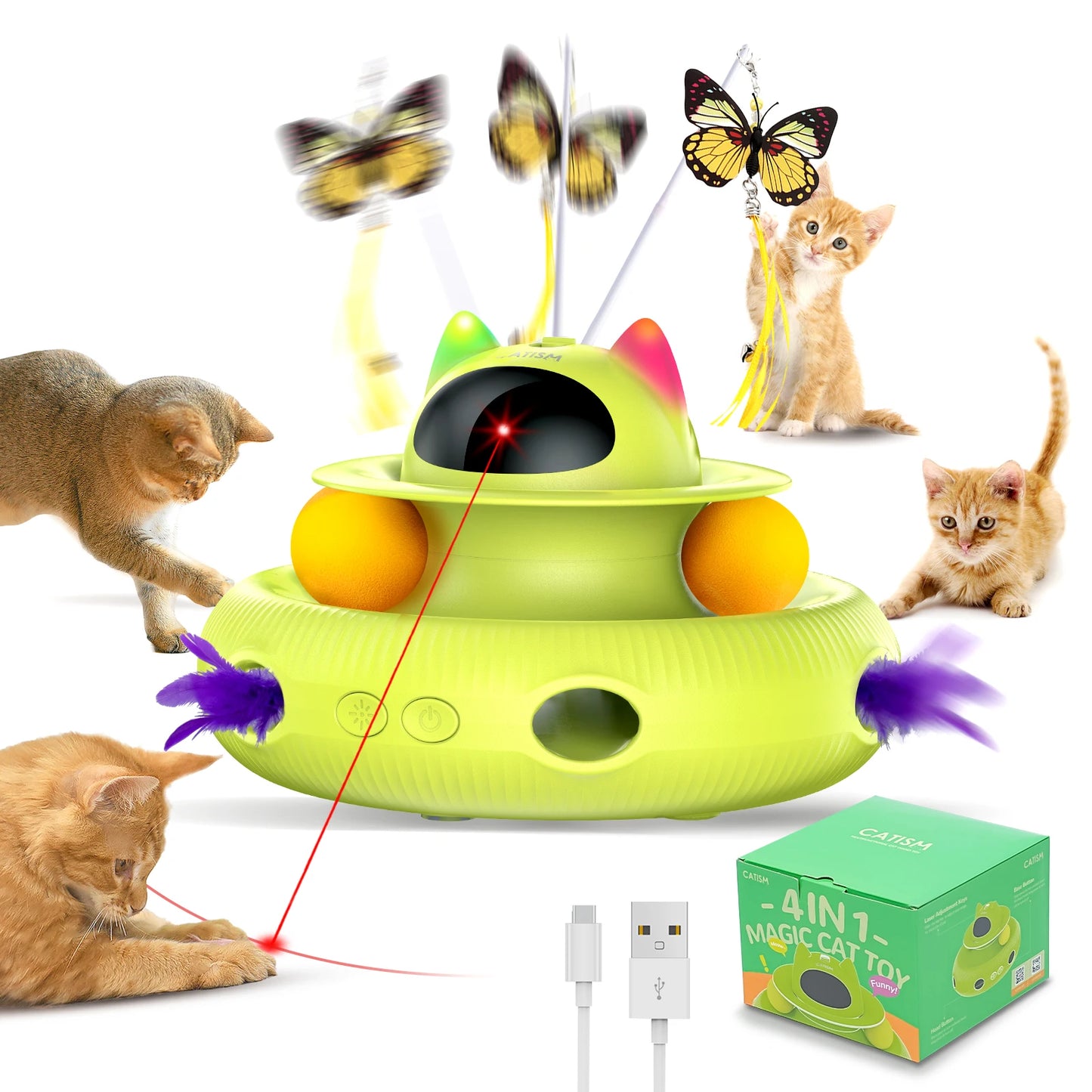 CATISM Upgraded Magic Box Cat Teaser Toy with Feather Butterfly and Blue Ball