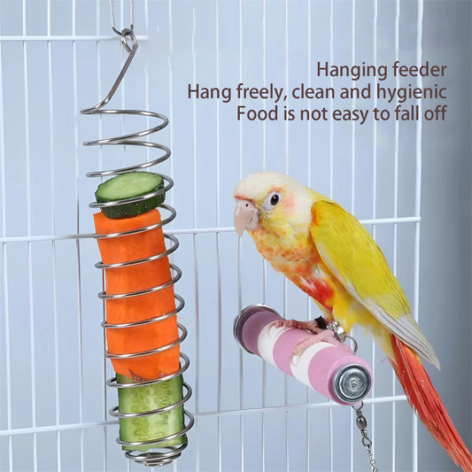Stainless Steel Bird Feeder Hanging Parrot Fruit Treat Skewer Foraging Toy