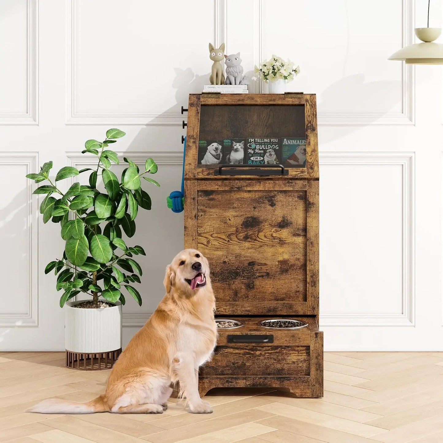 Elevated Dog Feeding Station With Dual Bowls Flip Top Cabinet And Toy Organizer