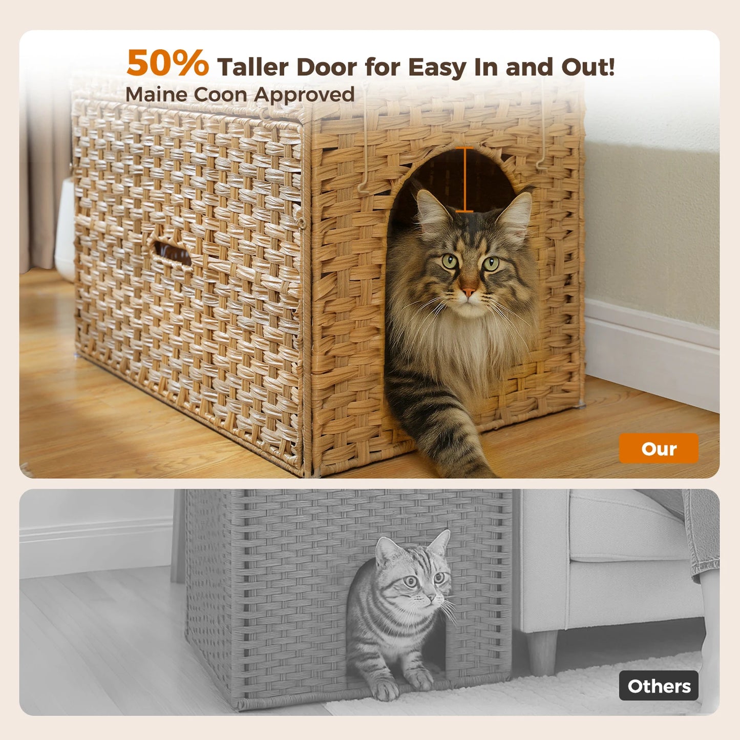 Rattan Cat Litter Box Enclosure With Taller Doorway And Flip Up Design