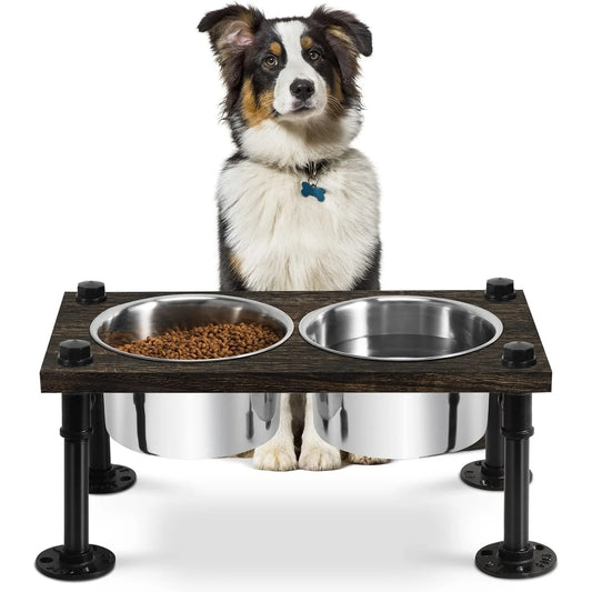 Raised Dog Bowl Stand with Stainless Bowls and Waterproof Wood Base for Large Dogs
