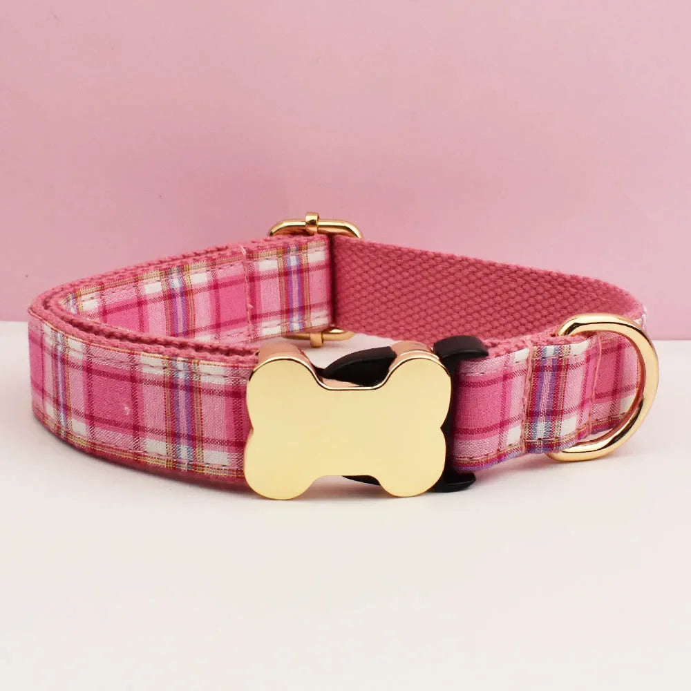 Custom Logo Plaid Dog Collar Personalized Cotton Padded Comfort