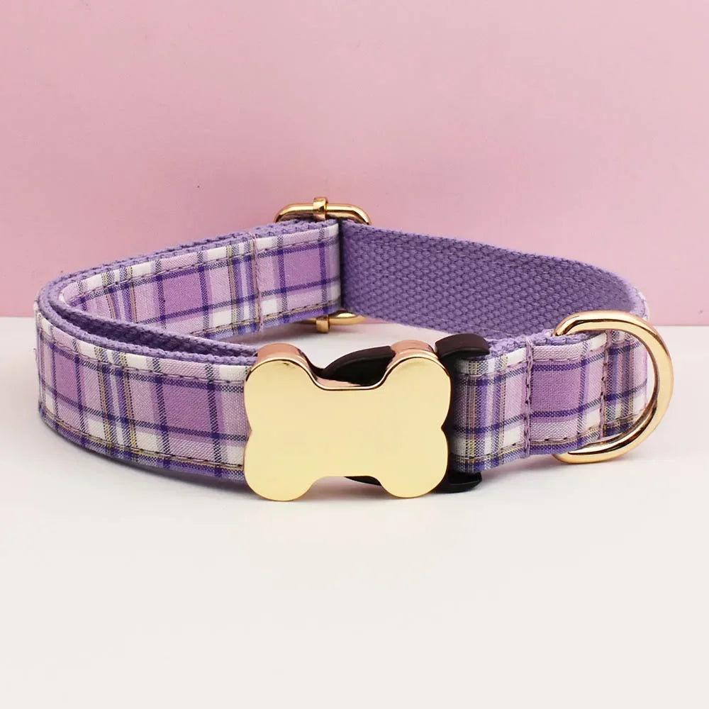 Custom Logo Plaid Dog Collar Personalized Cotton Padded Comfort