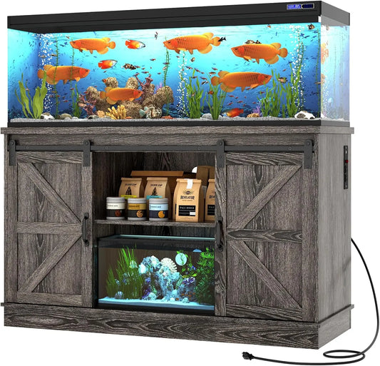 Farmhouse 55-75 Gallon Fish Tank Stand with Power Outlet and Sliding Barn Door