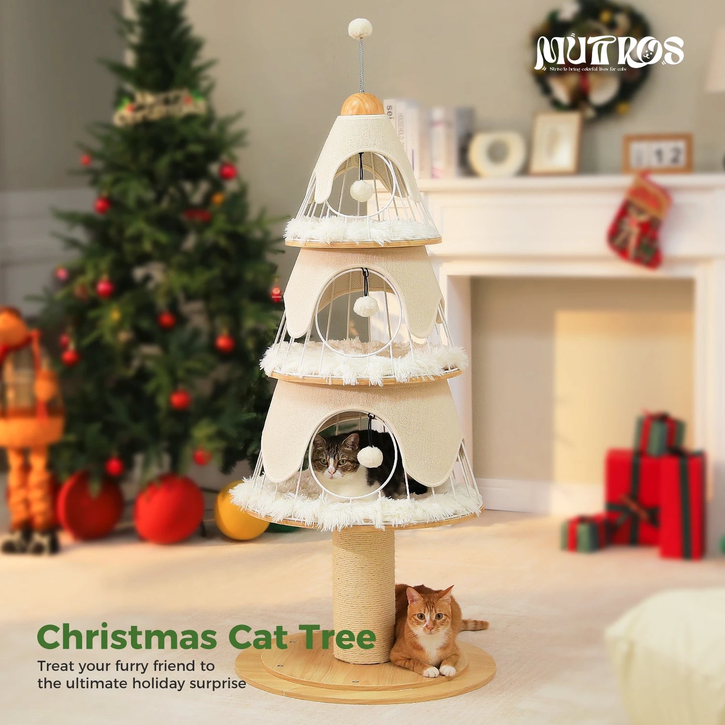 PAWZ Road Christmas Multi Level Cat Tree Tower With 3 Cozy Condos And Pompoms