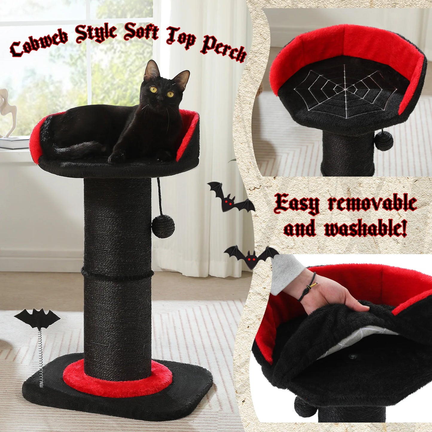 Stable Black Gothic Cat Scratching Post With Thick Post And Spiderweb Bed