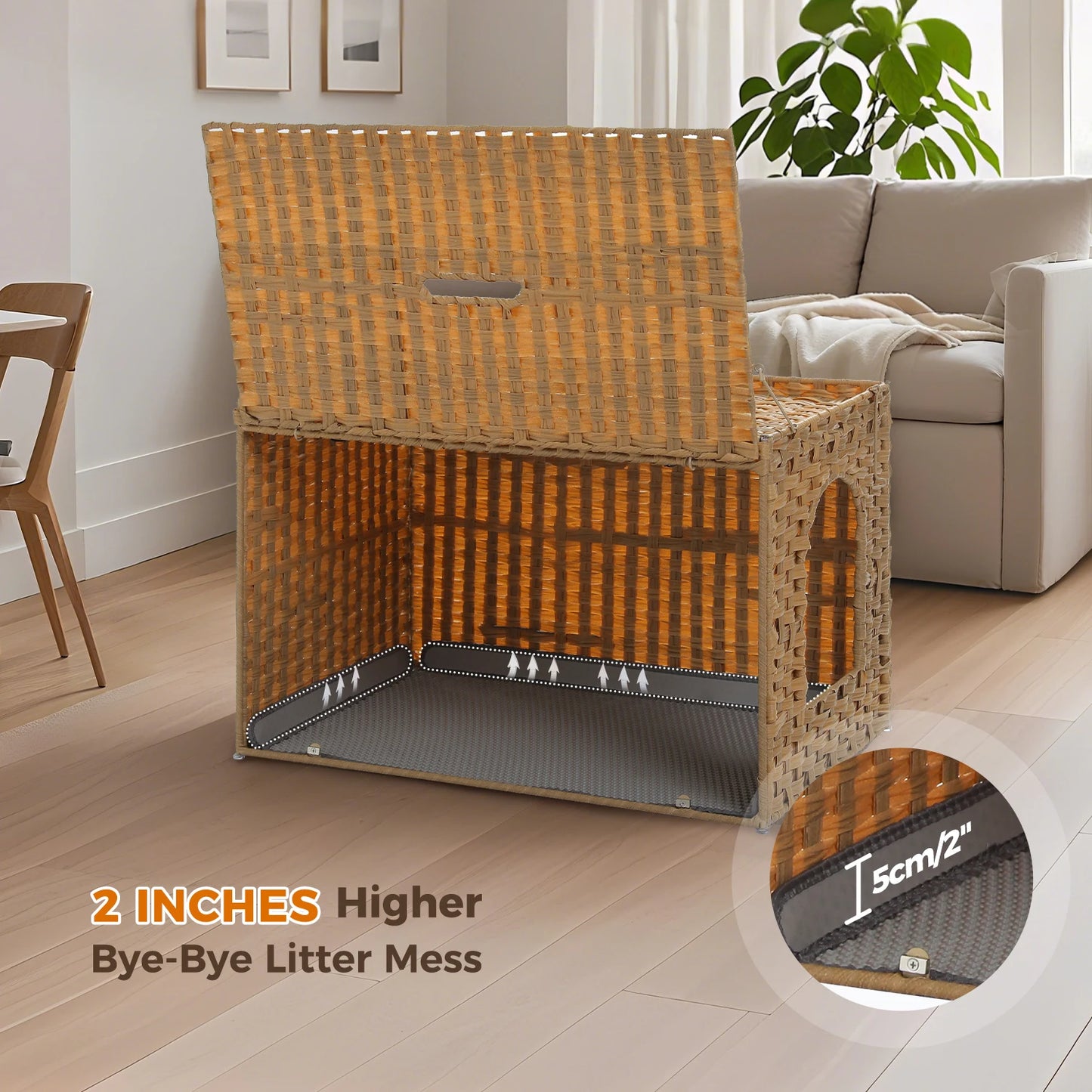 Rattan Cat Litter Box Enclosure With Taller Doorway And Flip Up Design